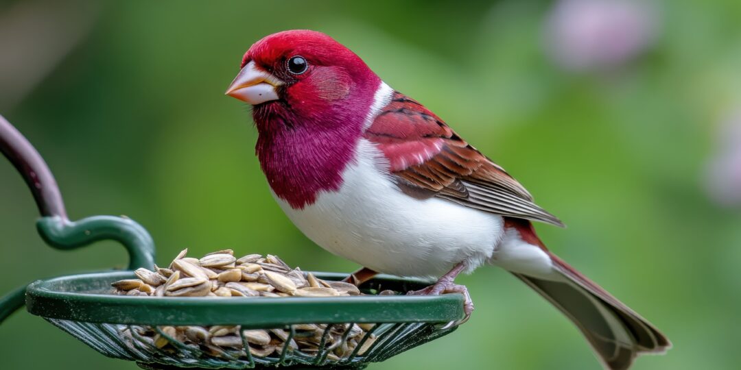 Vogelfutter Sonnenblumenkerne – Singvogel auf Futterschale im Garten