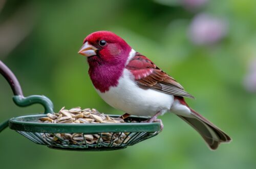 Vogelfutter Sonnenblumenkerne – Singvogel auf Futterschale im Garten